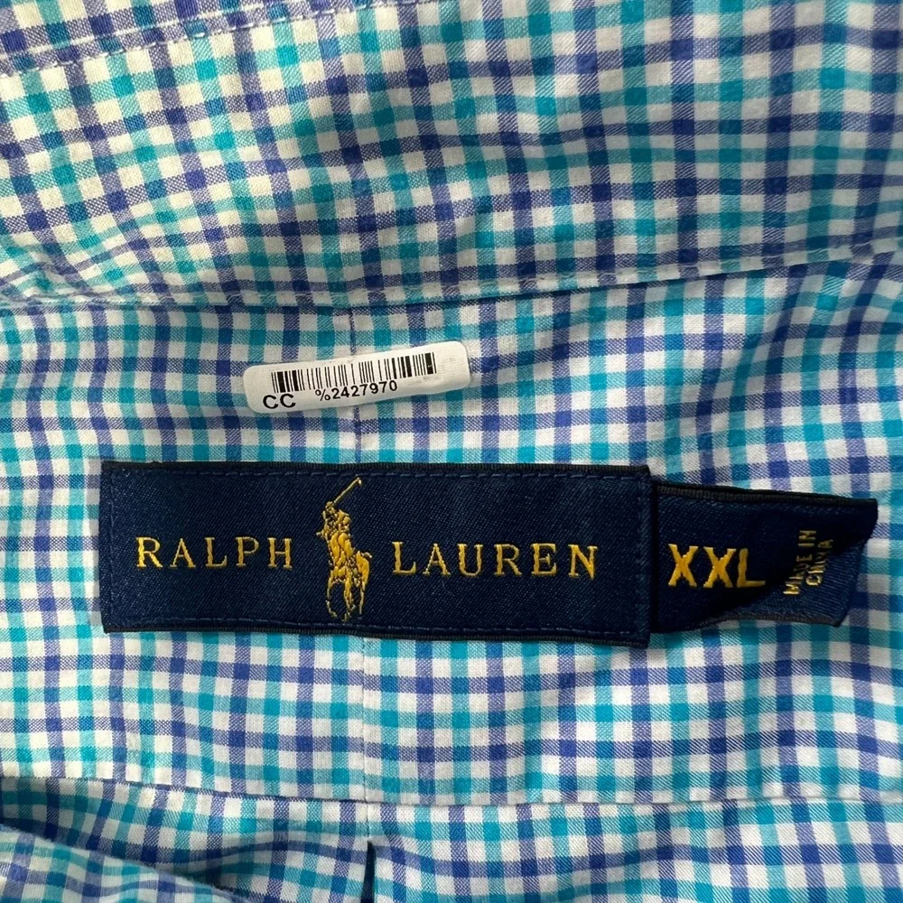 Polo Ralph‎ Lauren Custom Fit Stretch Poplin Shirt Men XXL Blue White Gingham
